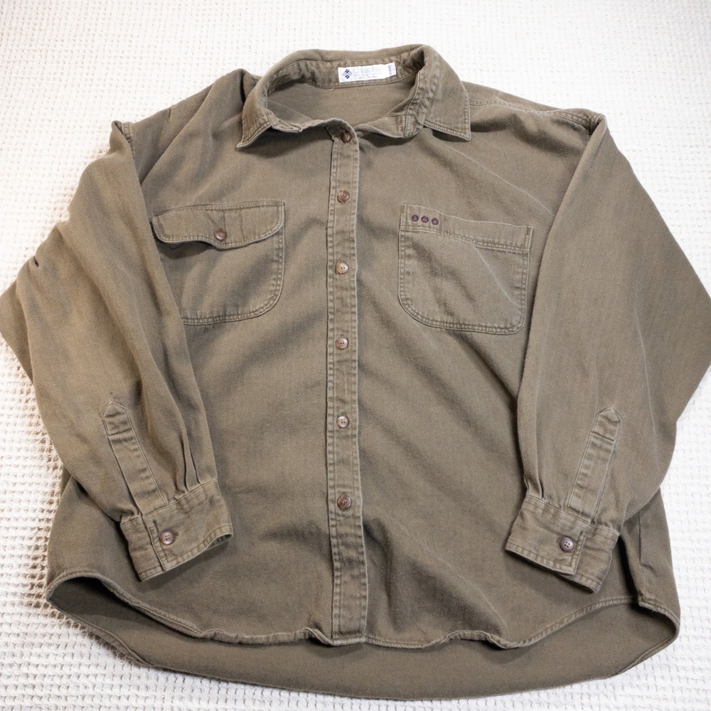 Columbia Sportswear Womens Large Green Herringbone Twill Button Down Shirt L/S